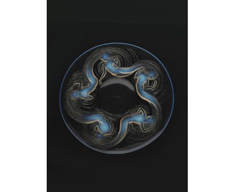 'Calypso' no.414 a Lalique large opalescent glass plate designed by Rene Lalique,  stencilled R Lalique France mark, 38cm. di
