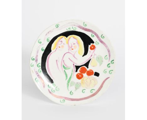 A Foley plate designed by Dame Laura Knight, painted with two stylised woman, one picking an apple, in colours and ruby lustr