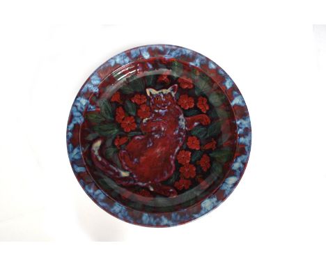 ‡ A large Highland Stoneware Cat bowl by Dorell Pirie, 1997, welled bowl, in flambe, red and green, and translucent lavender,