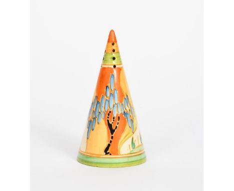 'Windbells' a Clarice Cliff Fantasque Bizarre Conical sugar sifter, painted in colours between green and orange, yellow and g