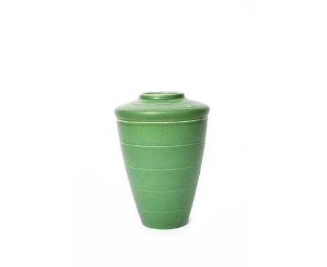 A Wedgwood Pottery shoulder vase designed by Keith Murray,  shape no.3805, shouldered ribbed form, covered in a Matt  Green g