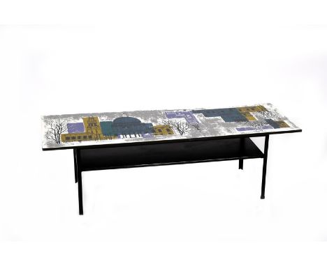 A Myer coffee table designed by John Piper for retail by Heal's,  enamelled metal frame with rectangular shelf, the rectangul