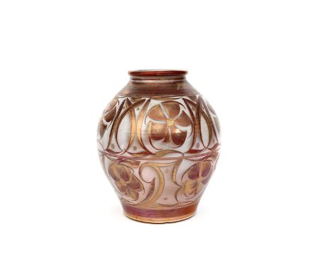 ‡ Edgar Campden (born 1930) an Aldermaston Pottery lamp base, swollen form, painted with flowers and foliage in gold and ruby