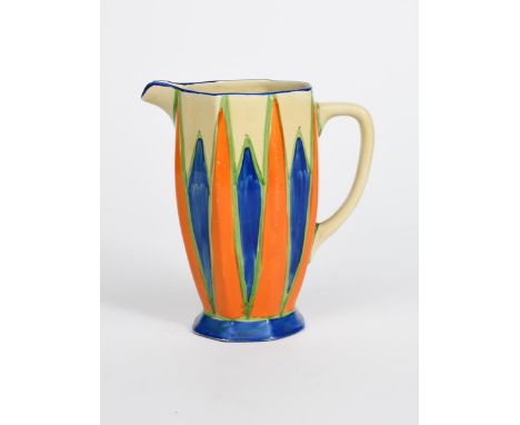 'Original Bizarre' a Clarice Cliff Athens jug,  painted with alternating blue diamonds and orange triangles, outlined in gree