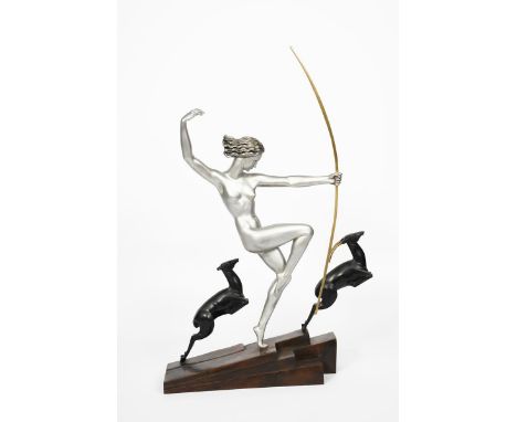 Marcel-Andre Bouraine (1886-1948) Diana with Fawns (Diana The Huntress) patinated bronze sculpture on angled base signed Bour