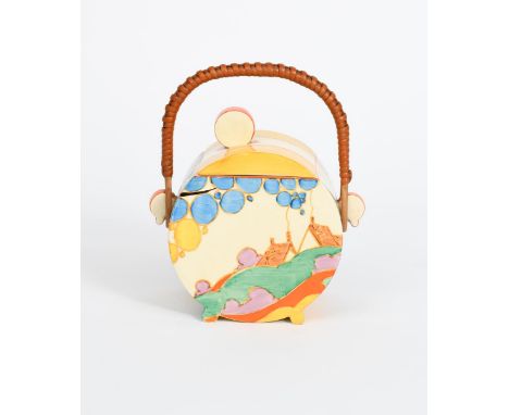 'Seven Colour Secrets' a Clarice Cliff Fantasque Bizarre Bon Jour biscuit barrel and cover, painted in colours, the cover wit
