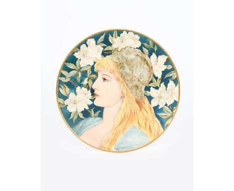 An Aesthetic Movement plate by S Donaldson, dated 1884, painted with a portrait of a woman before rhodedendron flowers, in co