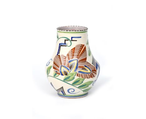 A Poole Pottery vase painted by Ruth Pavely, pattern KN designed by Truda Carter, shouldered form, painted with geometric fol