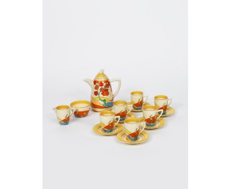 'Orange Bridgewater' a Clarice Cliff Bizarre Lynton coffee set for six,  painted in shades of orange, yellow, green and blue,