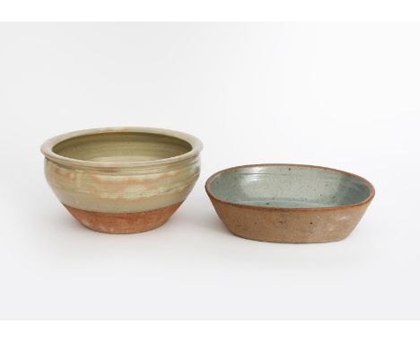 Richard Batterham  (1936-2021) a ball clay oblong dish, glazed to the interior with a pale celadon glaze speckled with iron, 