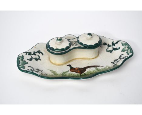 A Wemyss Pottery Pheasant double inkwell with pen tray,  the tray painted with a pheasant amongst bracken, in colours impress