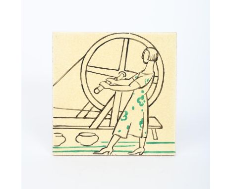 A Carter's Poole Pottery tile designed by Edward Bawden, painted with a young woman turning a wheel, with two pots on the flo