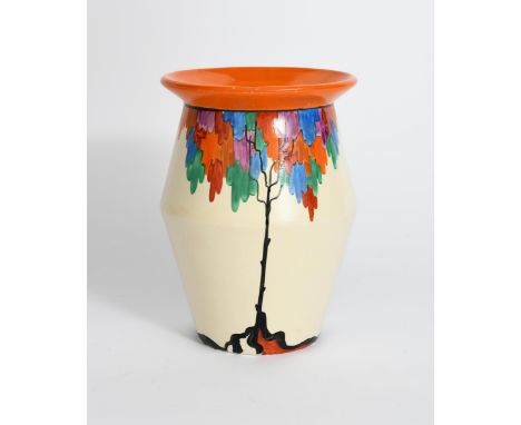 'Latona Tree' a Clarice Cliff Bizarre  vase, shape no.342, painted in colours on a cream ground, the rim with orange band, pr