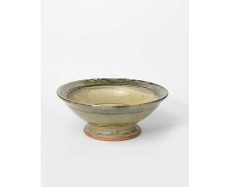Richard Batterham (born 1936-2021) a large stoneware tazza, covered with an ash glaze to the foot, with cobalt rim, unsigned 