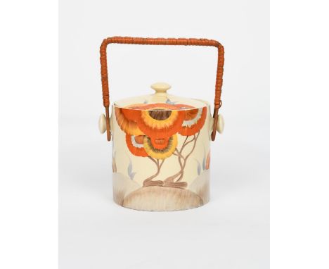 'Rhodanthe' a Clarice Cliff Bizarre Hereford biscuit barrel and cover, cylindrical form, painted in colours, with applied wic