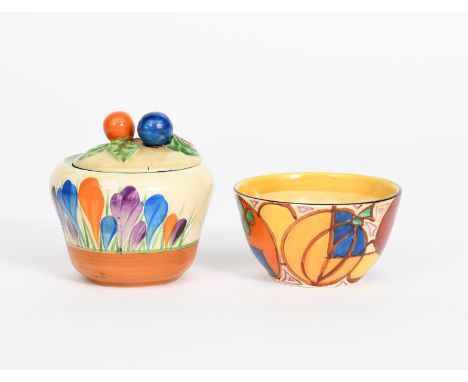 'Melon' a Clarice Cliff Fantasque Bizarre sugar basin,  painted in colours, and a Clarice Cliff Bizarre 'Crocus' preserve pot