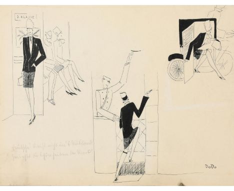 ‡ Dorte Clara Dodo Burgner (1907-1998) 2 Klasse three pen and ink sketches on board of a woman in black jacket and chequered 