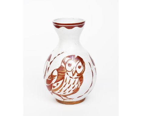 ‡ Alan Caiger-Smith MBE (1930-2020) an Aldermaston Pottery single-handled vase, painted in ruby lustre with an owl standing b