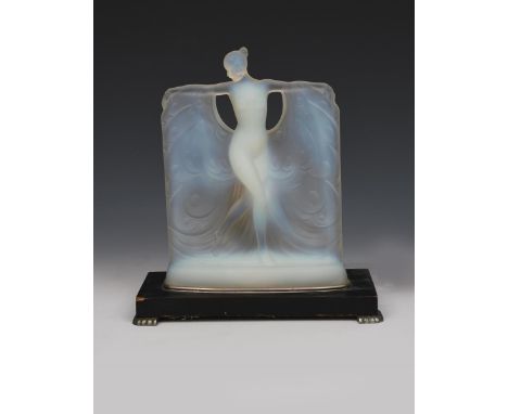 'Suzanne' a Marius Sabino opalescent glass figure, modelled as a naked woman, arms outstretched and holding a  peacock feathe