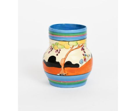 'Tulips' a Clarice Cliff Bizarre vase, shape no.565, painted in colours between blue, pink and green bands, printed factory m