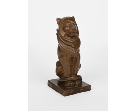 An architectural stoneware model of a seated lion, in the manner of Alfred Stevens, covered in a matt brown glaze, incised MM