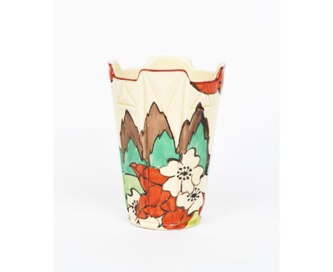 'Limberlost' a Clarice Cliff Fantasque Bizarre vase, shape no.451, flaring, fluted body painted in colours printed factory ma