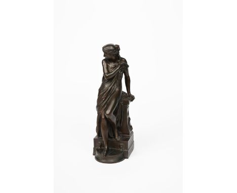 Eugene-Antoine Aizelin (1821-1902) Suzanne patinated bronze model of a woman leaning against a pedestal, her arm raised holdi