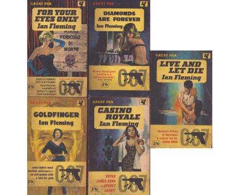 5 Great Pan paperback Ian Fleming James Bond books circa 1960. Live and Let Die, Goldfinger, Casino Royale, For Your Eyes Onl