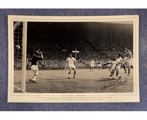 Peter McParland Aston Villa signed 18 x 12 black and white print. Print shows McParland hooking the ball past Manchester Unit