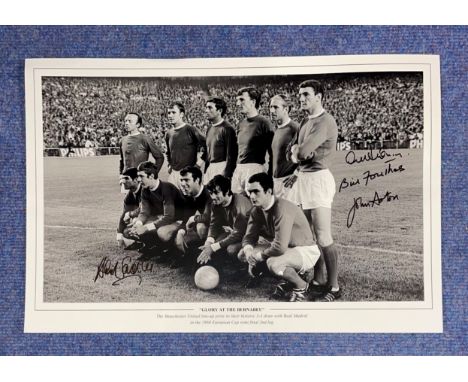 Manchester United Multi Signed 18 x 12 black and white Print titled 'Glory At The Bernabeu’. Signatures from Bill Foulkes, Jo