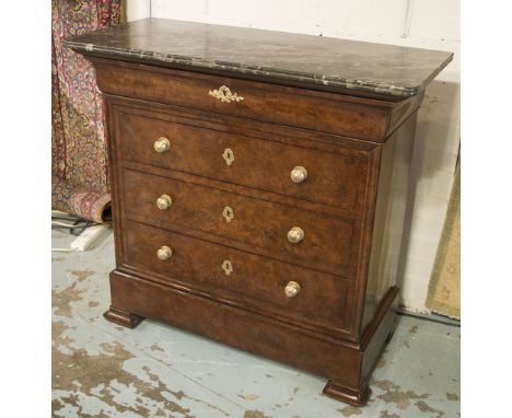 COMMODE, 19th century French Louis Philippe burr walnut with four long drawers and St Anne's variegated grey marble top, 40cm