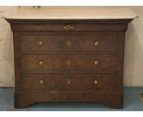 COMMODE, 19th century French Louis Philippe figured walnut with four long drawers and white Sicilian marble top, 90cm H x 120
