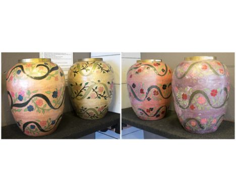 EASTERN VASES, four similar, colourfully decorated enamel, each 42cm H. (4) (with faults)