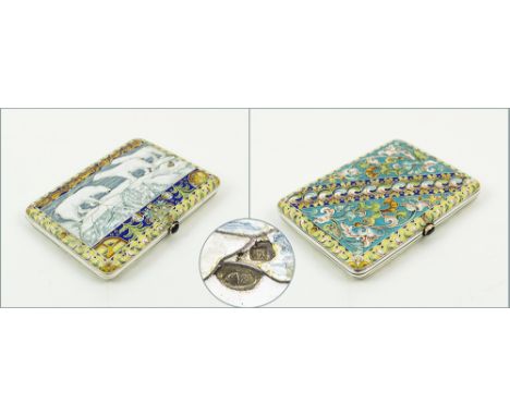 RUSSIAN SILVER AND ENAMEL CIGARETTE CASE, Moscow circa 1900, of rectangular form, the top enamelled with a scene of three pol