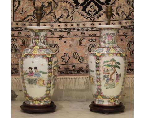 LAMP BASES, a pair, vase shaped Chinese ceramic decorated with figures and wooden bases, 47cm H. (2)
