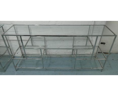 CONSOLE TABLES, a pair, 160cm x 40cm x 75cm, contemporary design, polished metal and glass. (2) 
