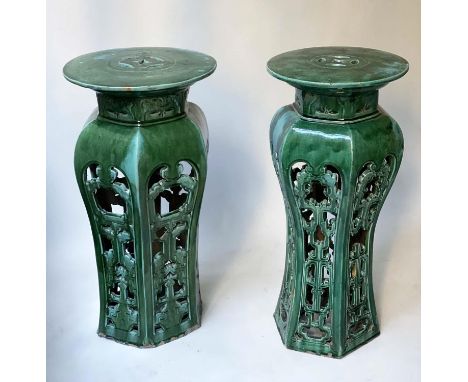 JARDINIERE STANDS, two similar, Victorian style blue/green ceramic pierced and waisted 38cm W x 75cm H (2) 