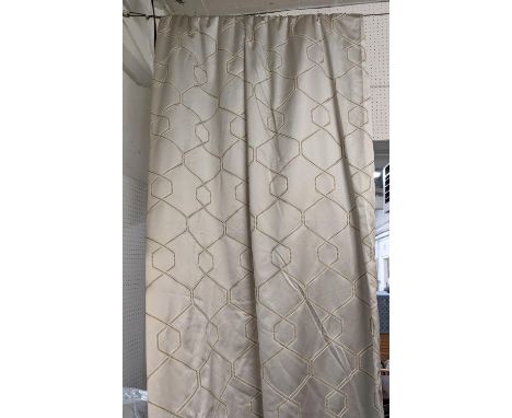 CURTAINS, a pair, silver grey fabric, lined and interlined geometric pattern. Approximately 120cm gathered x 410cm drop. (2) 