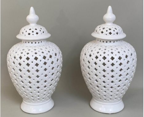 PIERCED TEMPLE JARS, a pair, 50cm x 25cm, white glazed ceramic. (2) 