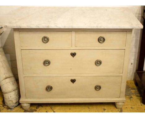 COMMODE, 79cm H x 100cm x 57cm, Scandinavian grey painted pine with white marble top above four drawers. 