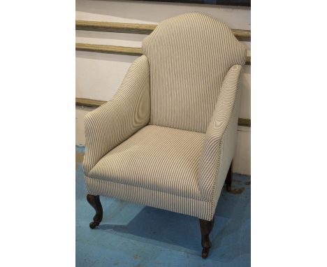 ARMCHAIR, 93cm H x 61cm W x 62cm D, ticking upholstered on beechwood legs and Victorian ceramic castors. 