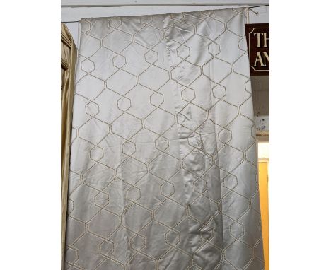 CURTAINS, a pair, silver grey fabric, lined and interlined geometric pattern, approx. 120cm gathered x 410cm drop. (2) 