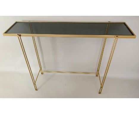 CONSOLE TABLE, 73cm x 102cm x 29cm, gilt metal, smoked glass top. 