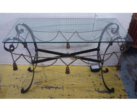 CONSOLE TABLE, 102cm x 46cm x 69cm, 1960's French style, metal rope twist base, glass top. 