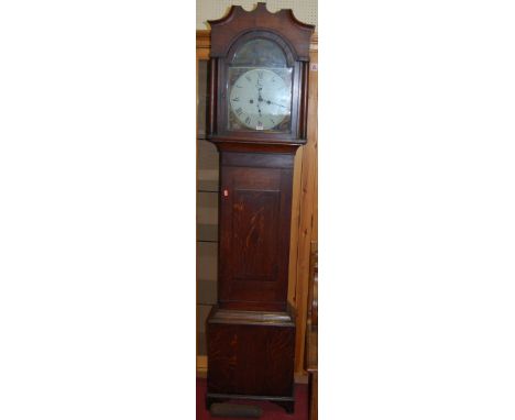 A circa 1800 provincial oak long case clock, the arch painted dial signed Stroud, with subsidiary seconds dial, twin winding 