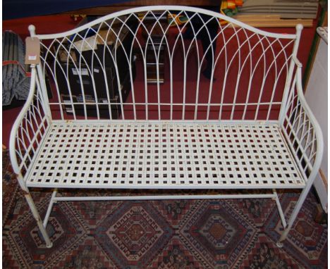 A contemporary painted metal two-seater folding garden bench, w.115cm