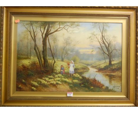 R. Caldwell - Flower-pickers on the riverbank, oil on canvas, signed and dated lower right, 40 x 60cm