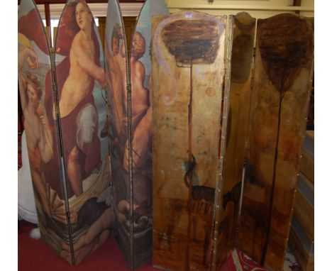 A contemporary arched four division dressing screen decorated with printed Roman chariot scene, each panel width 44cm, togeth
