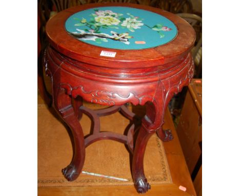 A Chinese contemporary hardwood and floral enamel inset circular urn stand, dia.44cm