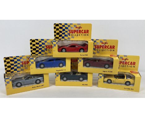 A set of 6 boxed Maisto Supercar Collection diecast sports cars. Comprising: Bugatti EB 110, Corvette ZR1, Ferrari F40, Jagua